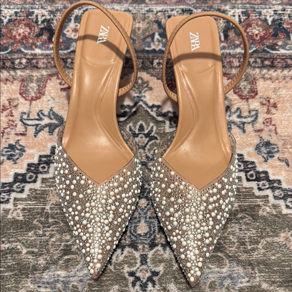 Zara Women's Pearl Embellished Beige Heels
